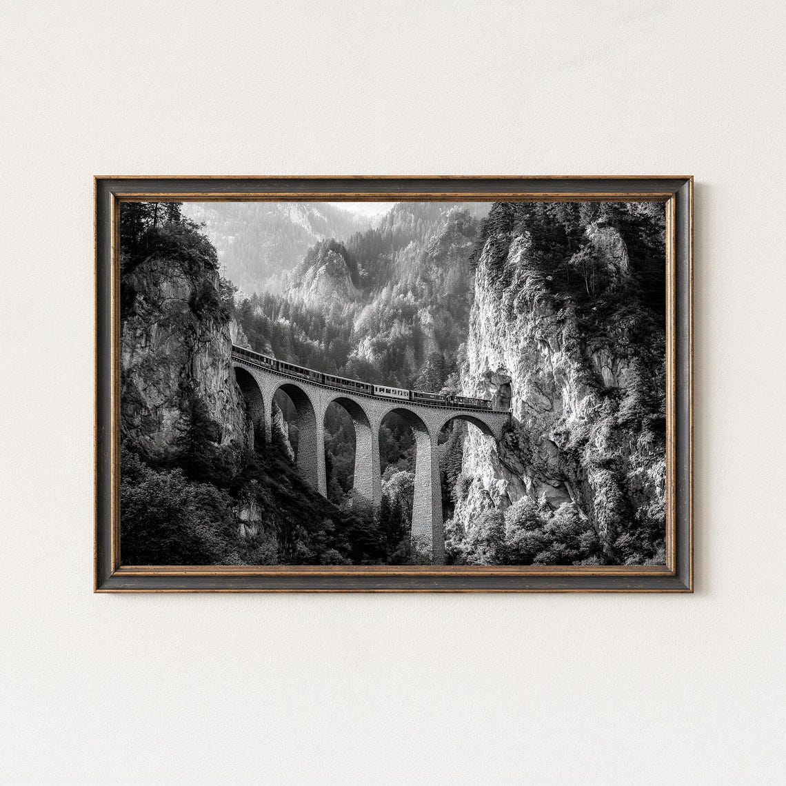 Landwasser Viaduct Stone Arches Train Black and White Alps Poster