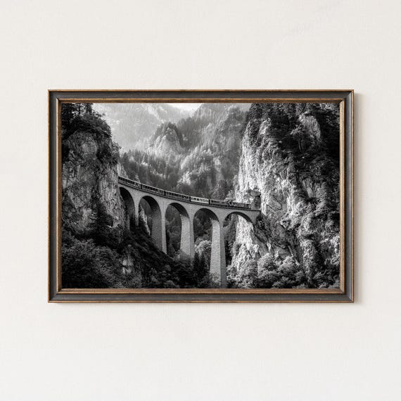 Black White Train Bridge Photography Landscape Wall Art