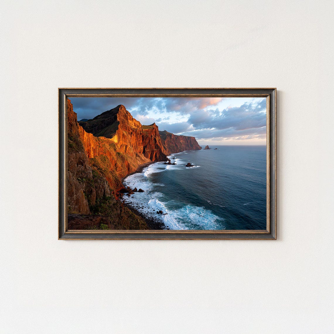 Dramatic Red Rock Cliffs Coastal Sunset Ocean Waves Photo Poster
