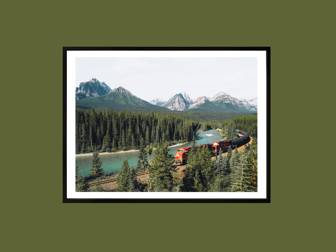 Banff Morants Curve Red Freight Train Rocky Mountain Photo Poster