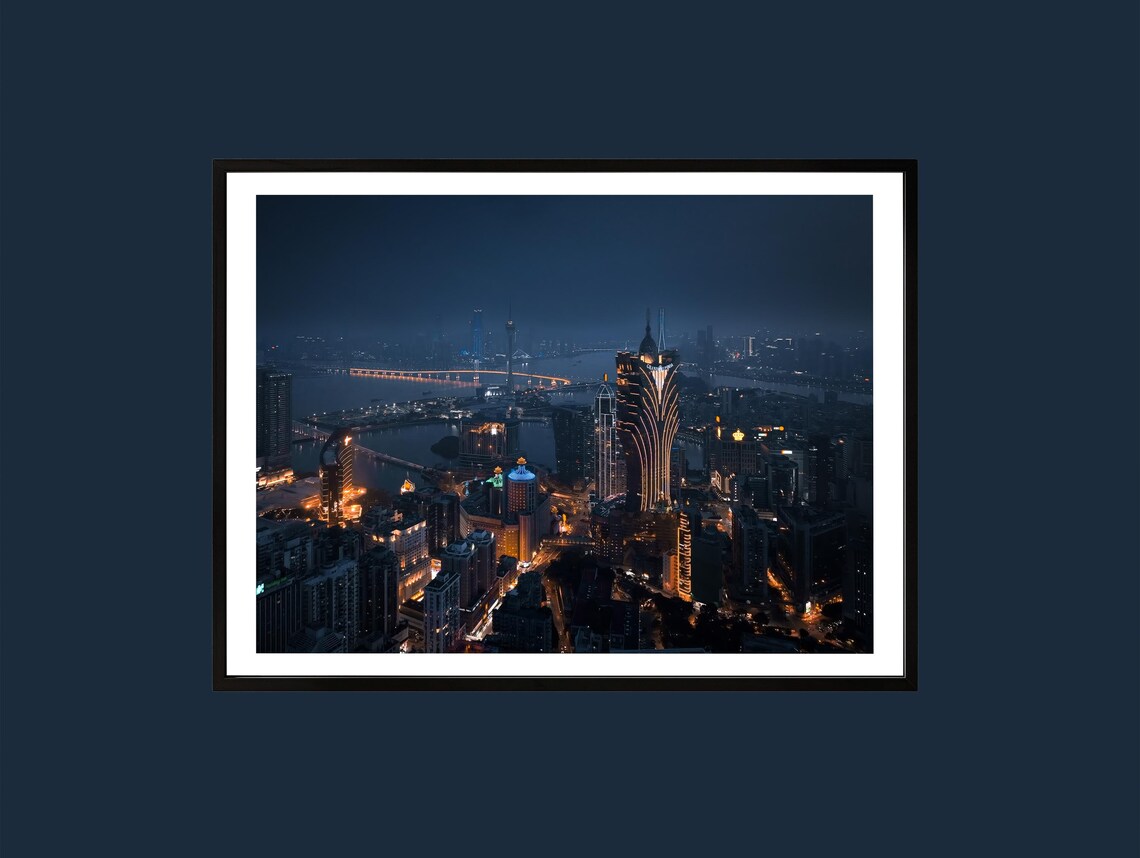 Macau Night Skyline Grand Lisboa Neon Lights Cityscape Poster