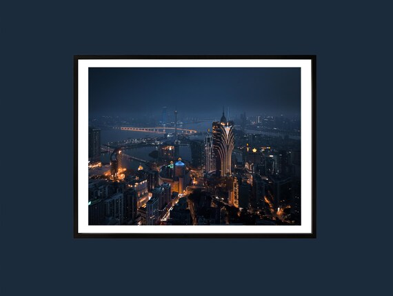 Macau Night Skyline Grand Lisboa Neon Lights Cityscape Poster