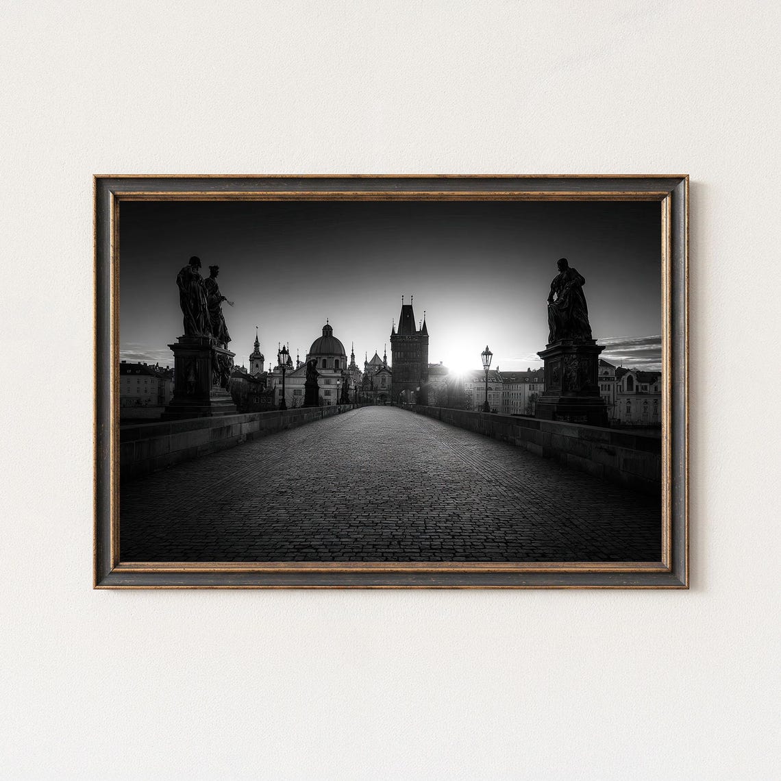 Prague Charles Bridge At Sunrise Statues Black And White Photo Poster