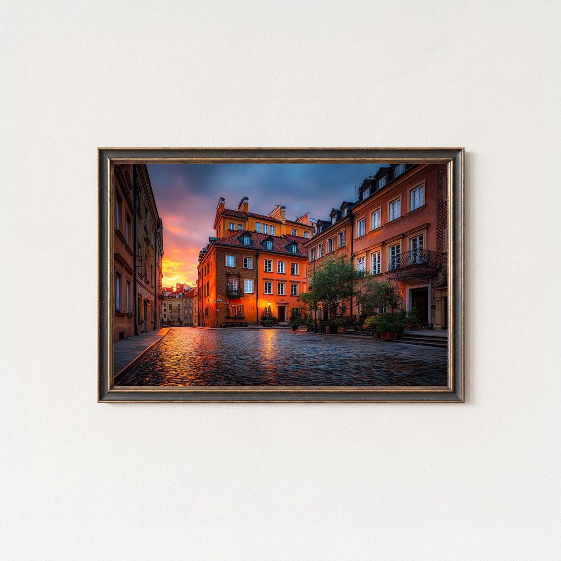 Warsaw Old Town Cobblestone Street Sunset Europe Travel Poster