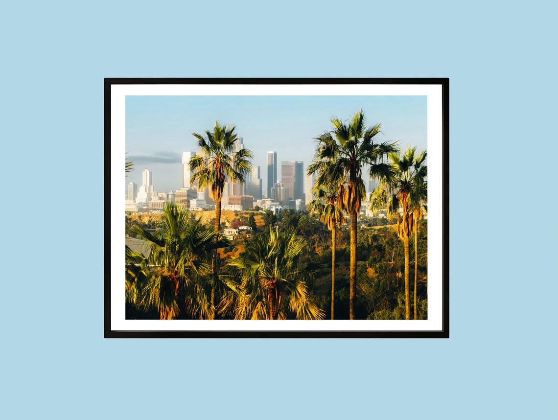 Los Angeles Golden Hour Palm Trees Downtown Skyline Photo Poster
