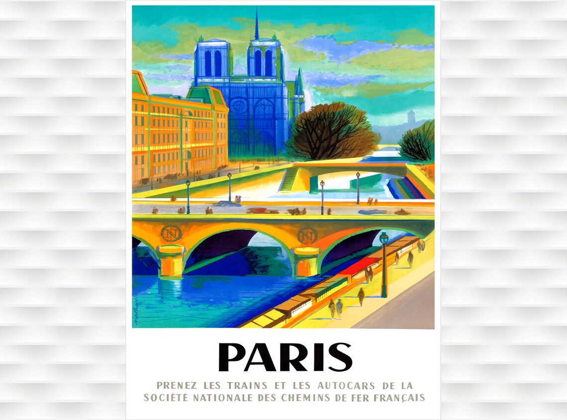 Paris Notre Dame Seine Bridge Vintage SNCF Railway Travel Poster