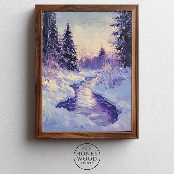 Rustic Winter Landscape Art Cozy Snowcovered Pine Forest With Stream Serene Cabin Decor Wall 67
