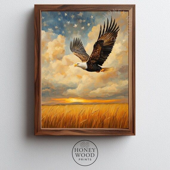 Majestic Bald Eagle In Flight Rustic Prairie Sunset Scene Moody Americana Wall Art Vintage Landscape Decor Painting 122