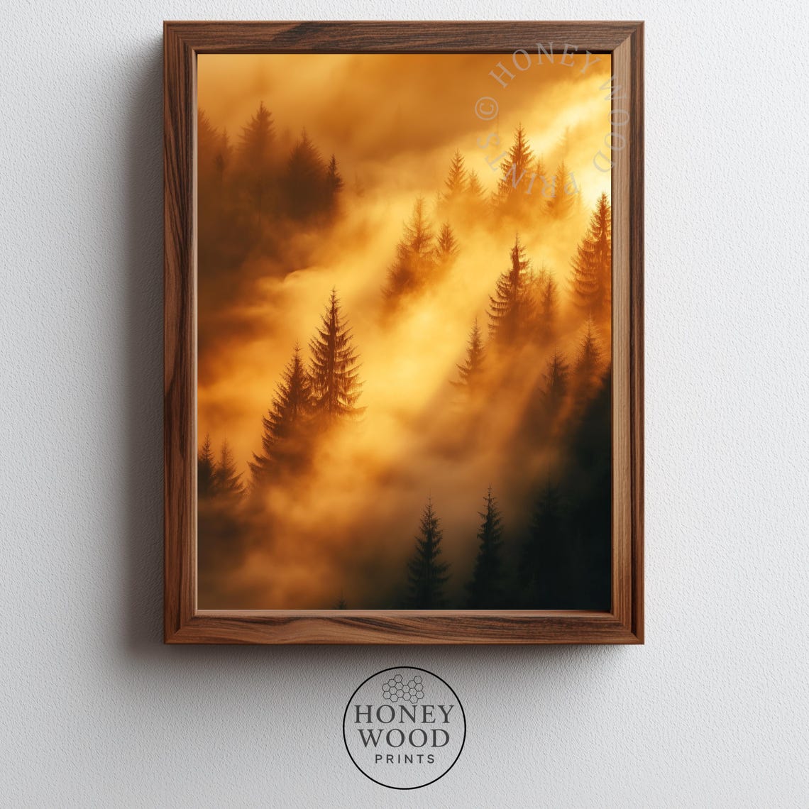Rustic Evergreen Forest In Golden Fog Moody Pine Painting Wall Art
