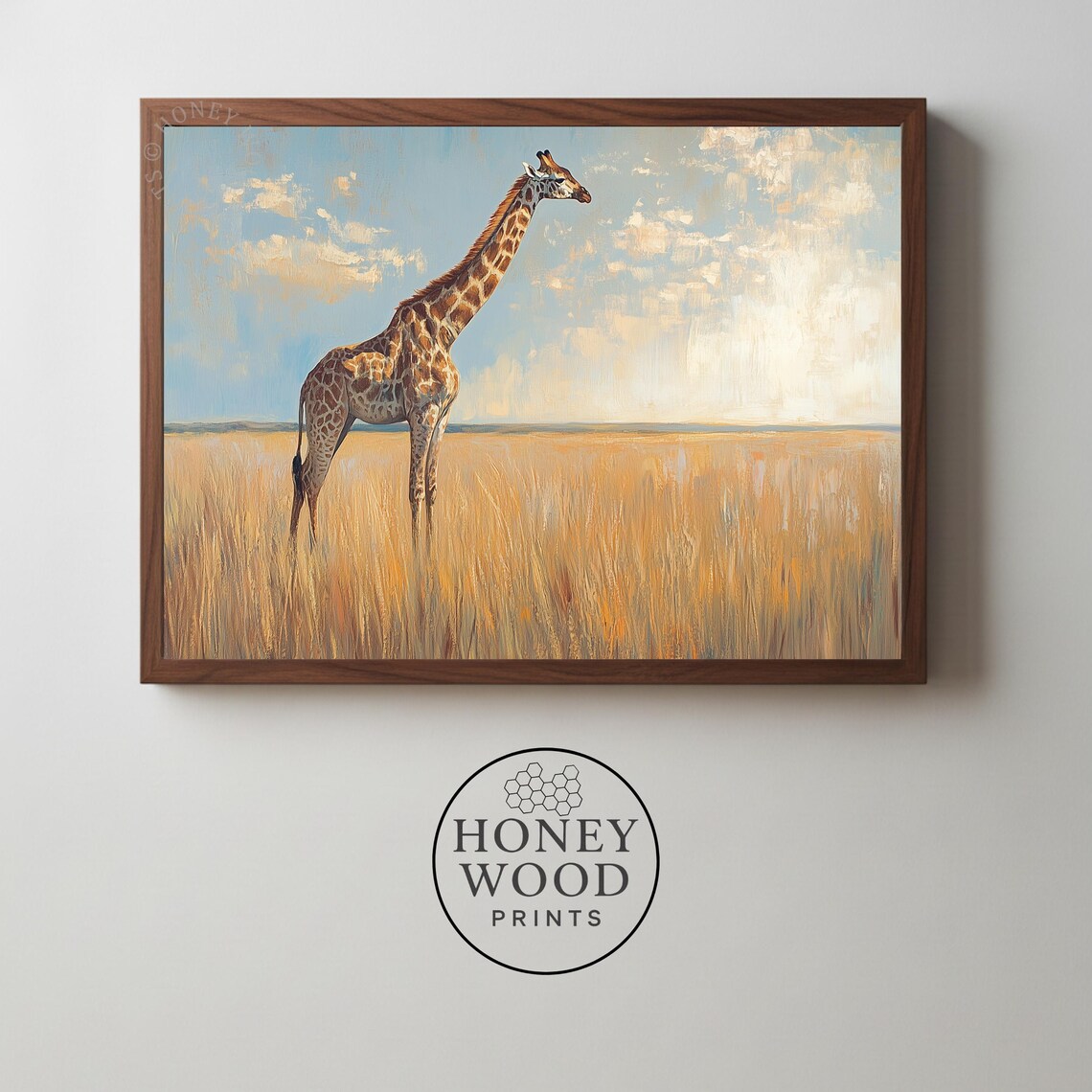 Giraffe in Golden Savanna Serene Wildlife Safari Painting Poster
