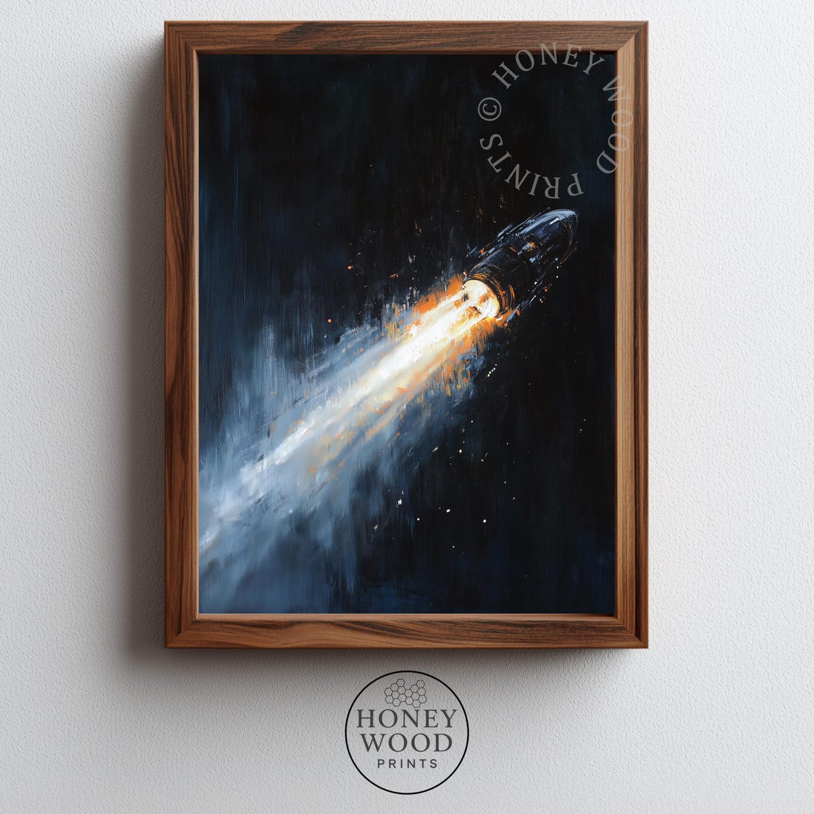 Rocket Ship Blazing Fiery Trail Through Dark Space Art Poster