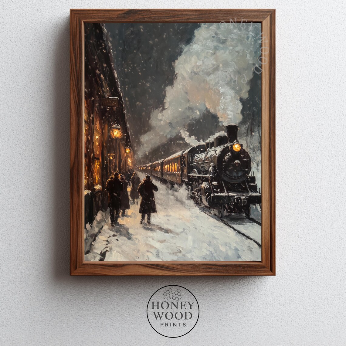 Vintage Christmas Steam Train Arriving Snowy Station Winter Night Art Poster