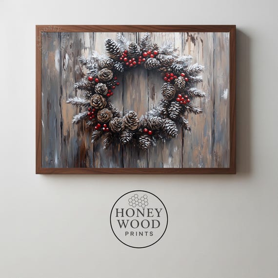 Frosted Pinecone Wreath Illustration Rustic Winter Farmhouse Decor Evergreen Sprigs Red Holiday Berries Festive Art 174