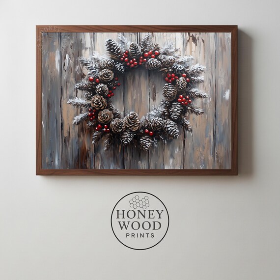 Snowy Pinecone Berry Wreath Rustic Winter Farmhouse Wall Art