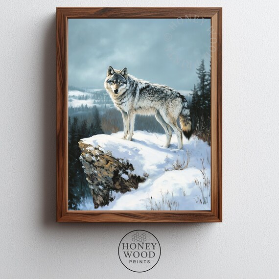 Majestic Gray Wolf On Snowcovered Ridge Wildlife Art Moody Winter Decor Rustic Lodge Painting 21