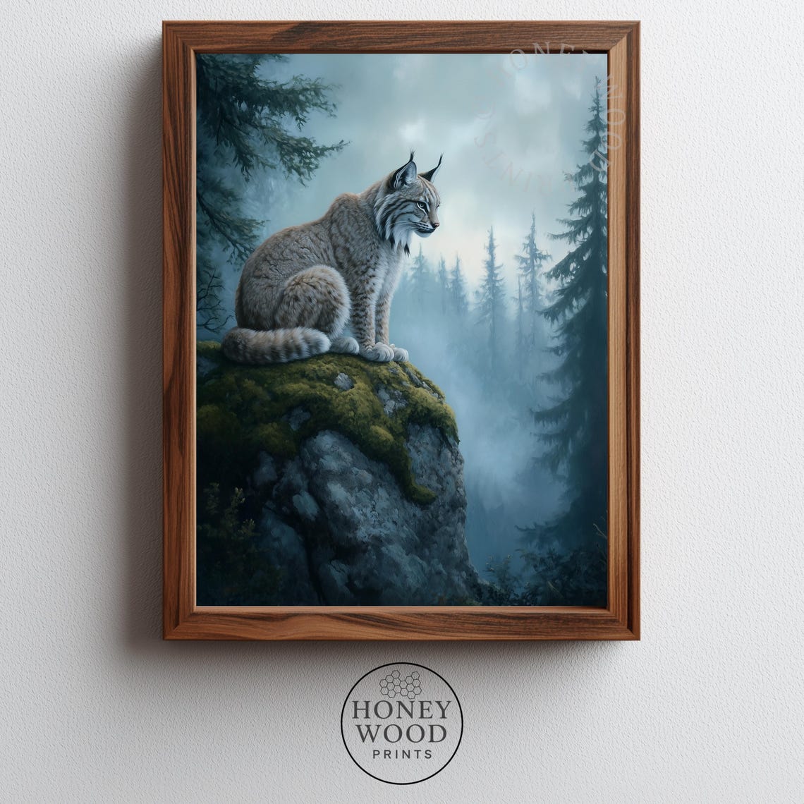 Moody Lynx Perched On Mossy Rock Misty Forest Wildlife Poster