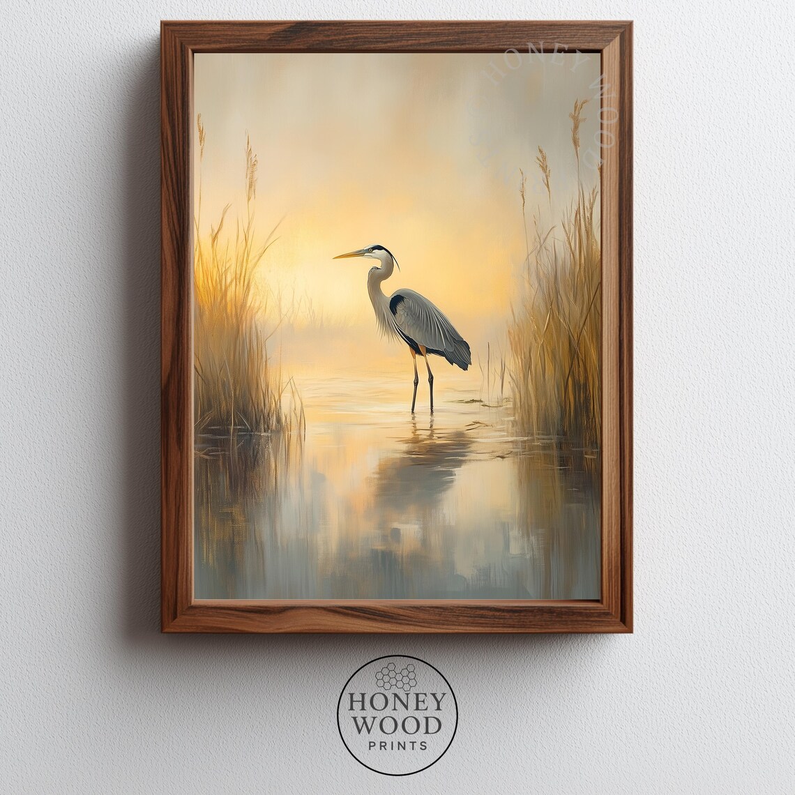 Great Blue Heron At Dawn Misty Wetland Oil Painting Wall Art
