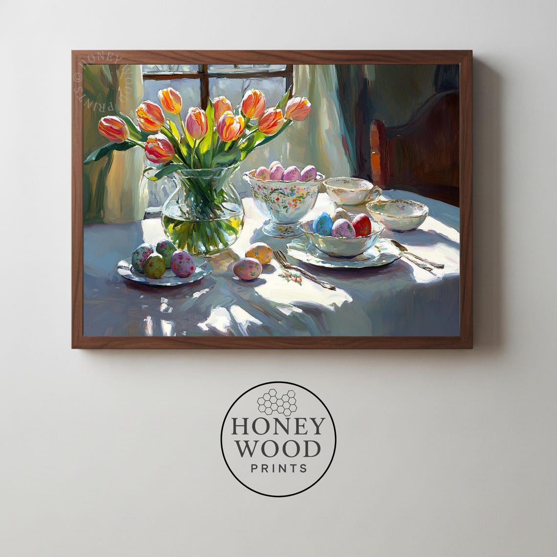 Easter Brunch Table Still Life Print Tulips Painted Eggs Morning Light