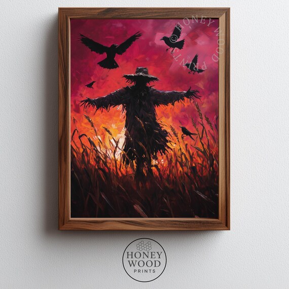 Rustic Halloween Scarecrow In Sunset Moody Autumn Print Spooky Silhouette Dramatic Evening Sky Wall Art 323