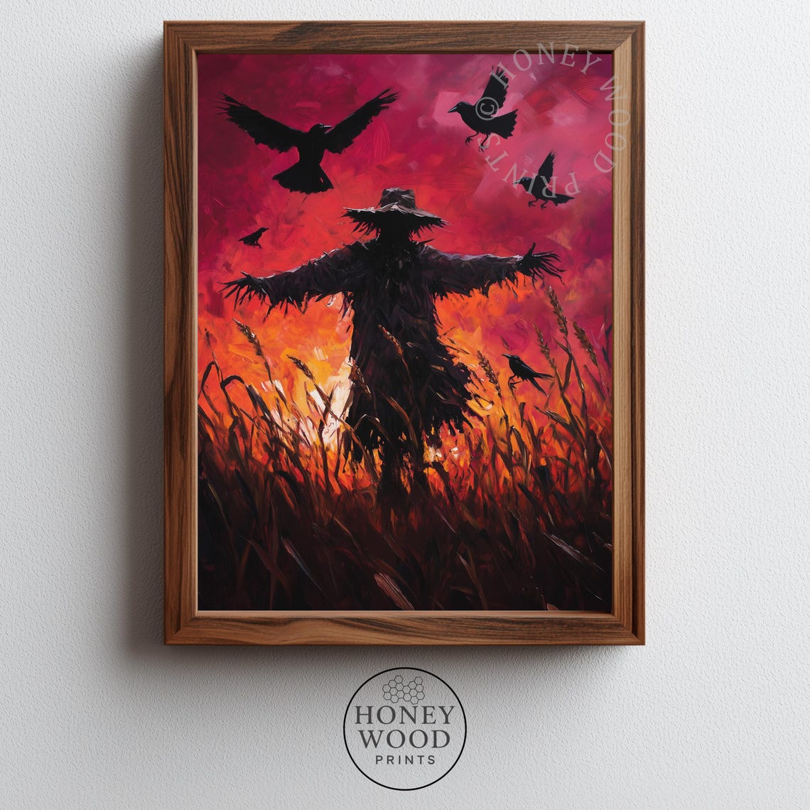 Spooky Scarecrow Cornfield Sunset Crows Halloween Moody Poster