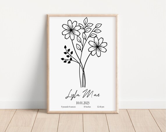 Personalized Birth Announcement Flower Line Art New Baby Gift Poster