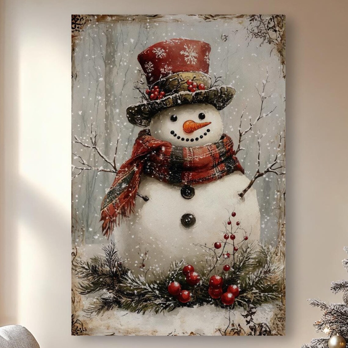 Festive Snowman With Red Plaid Scarf Vintage Winter Scene Poster