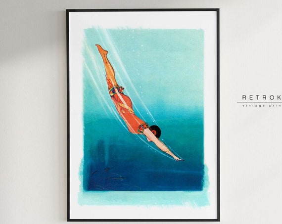 Diving Woman Wall Art Swimming Art 20s Flapper Bathing Beauty Art Deco Print Bathroom Decor Vp2