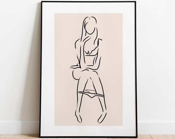 Girl Using A Bathroom Minimal Line Print