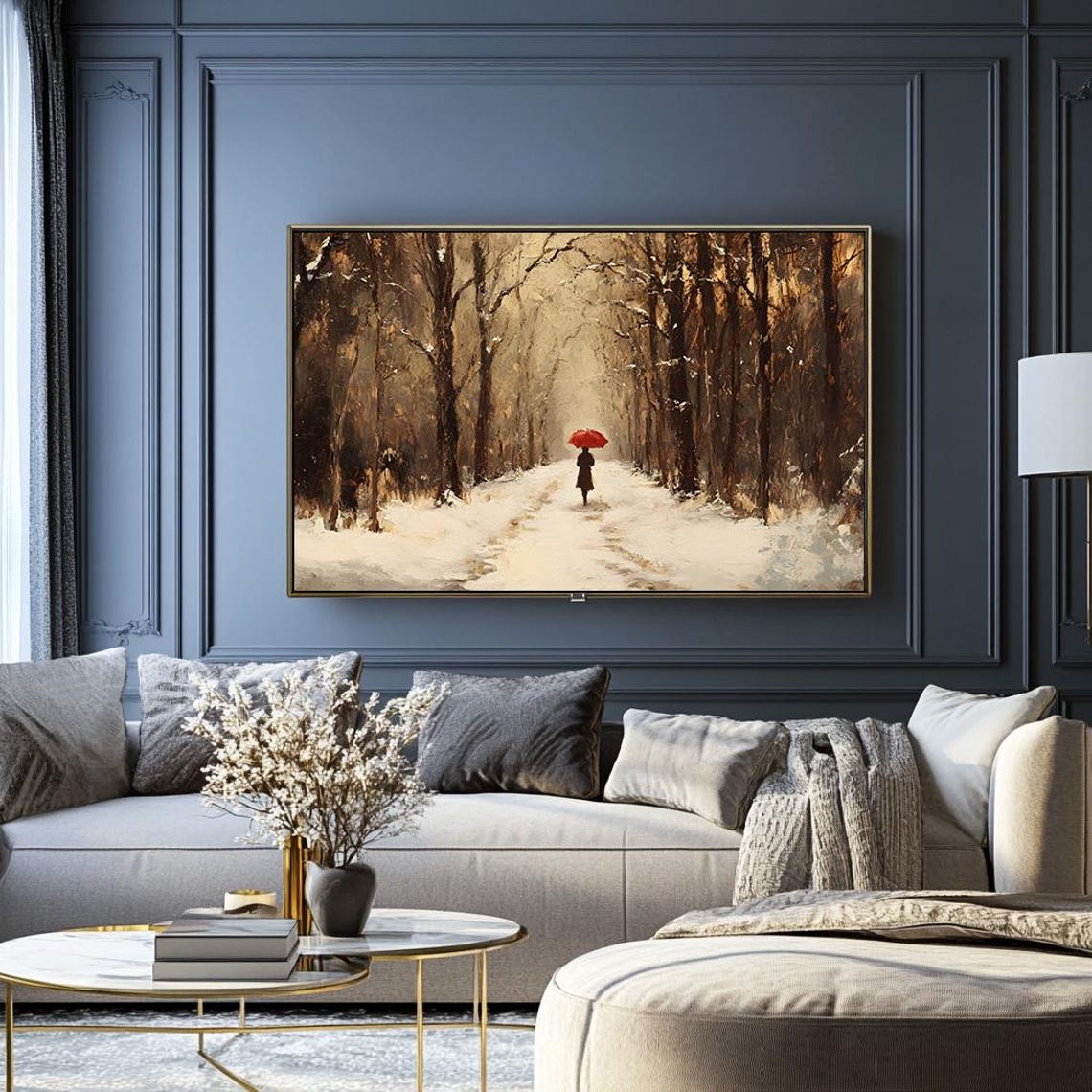 Solitary Figure with Red Umbrella on Snowy Forest Path Poster - Image 2
