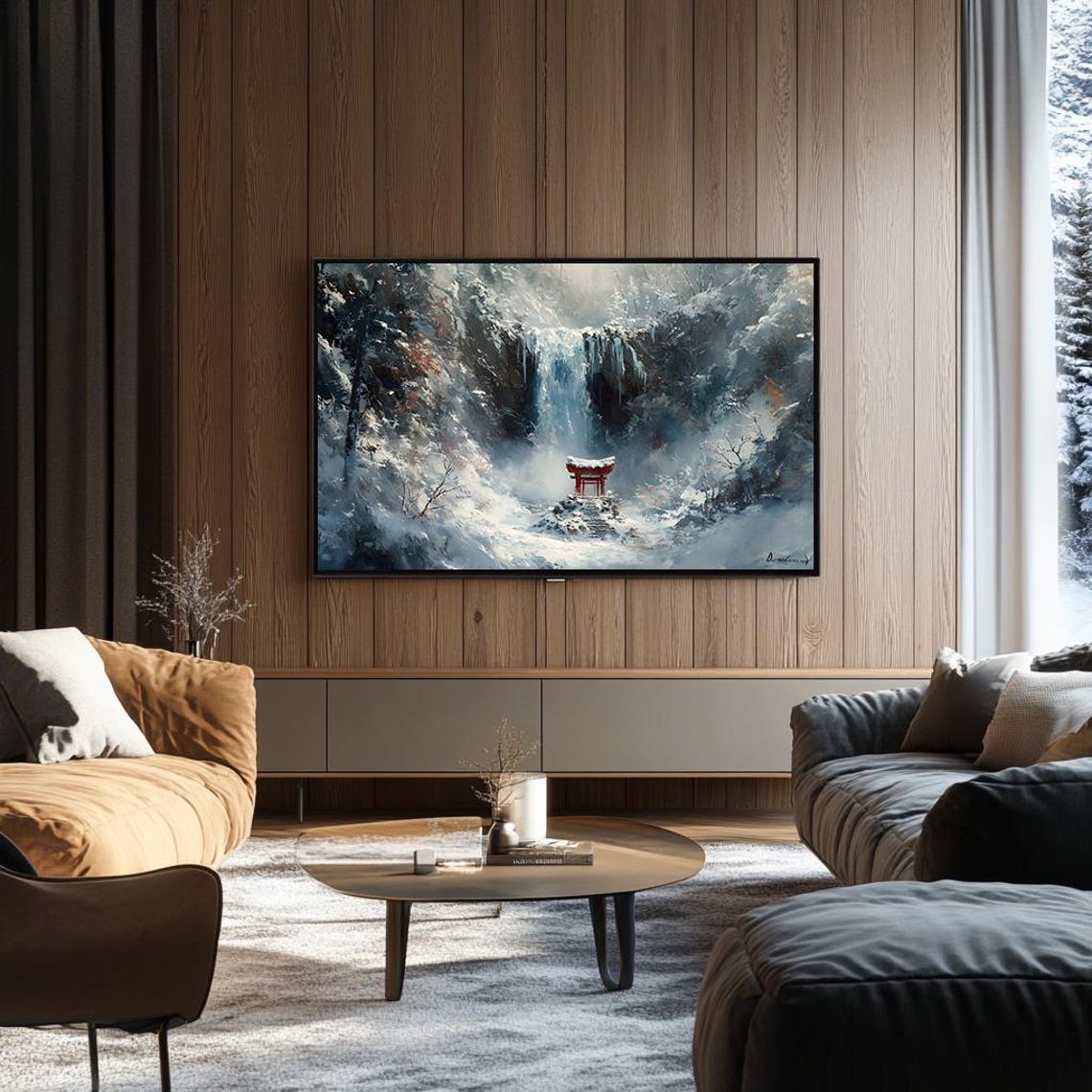 Frozen Waterfall and Red Torii Gate in Snowy Forest Winter Poster - Image 3