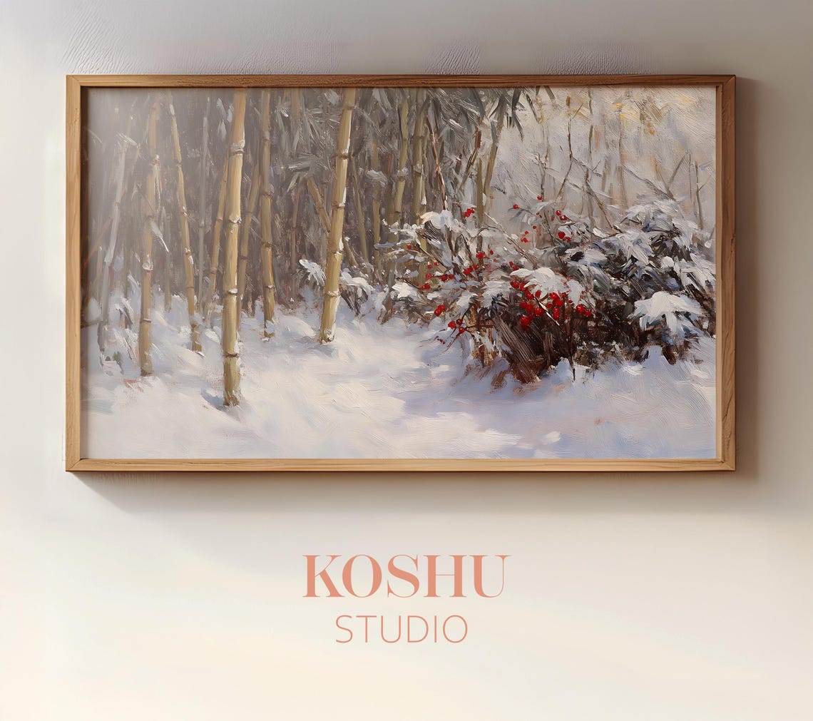 Snowy Bamboo Forest with Red Berry Bushes Japanese Winter Poster