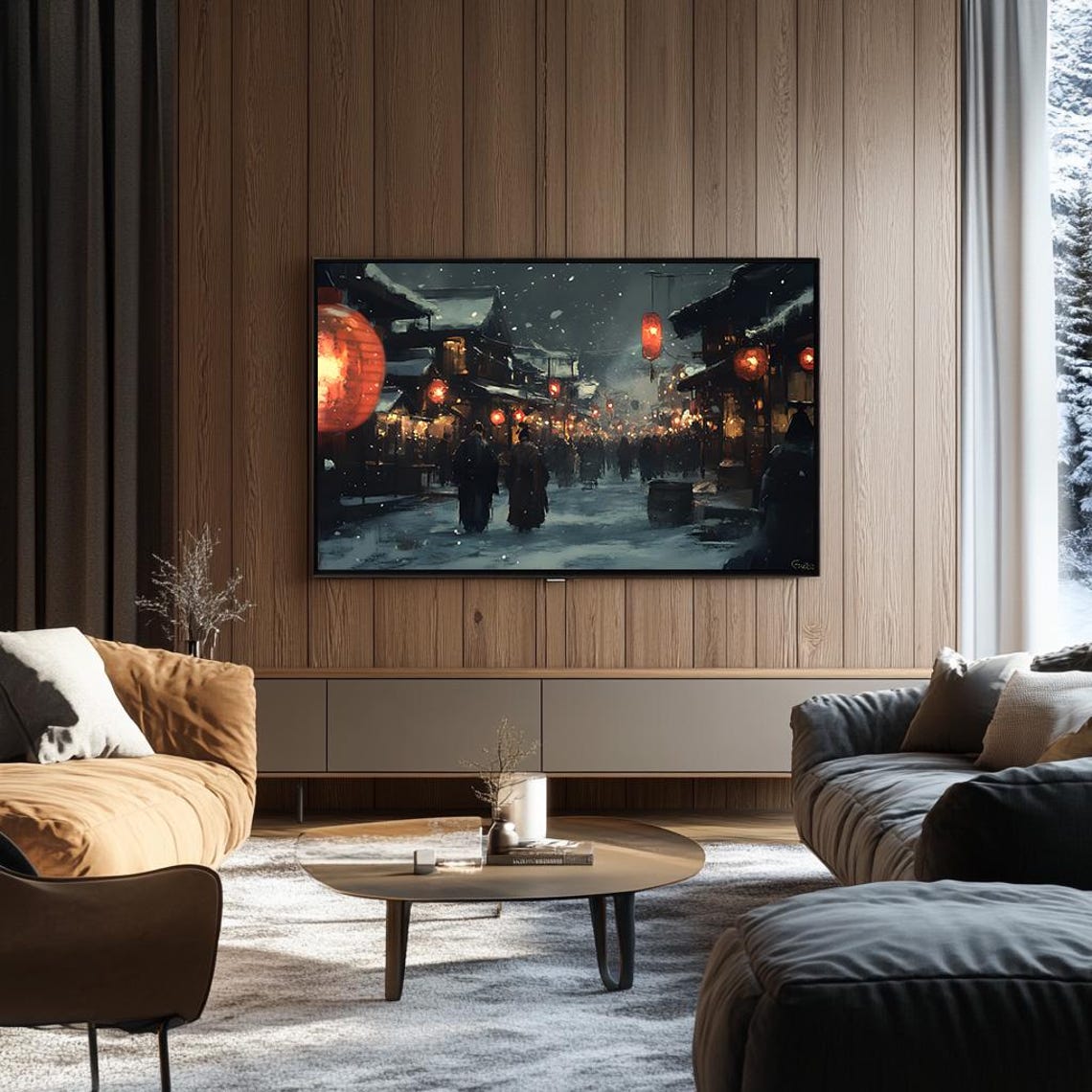 Night Market Street in Falling Snow with Red Lanterns Art Poster - Image 3