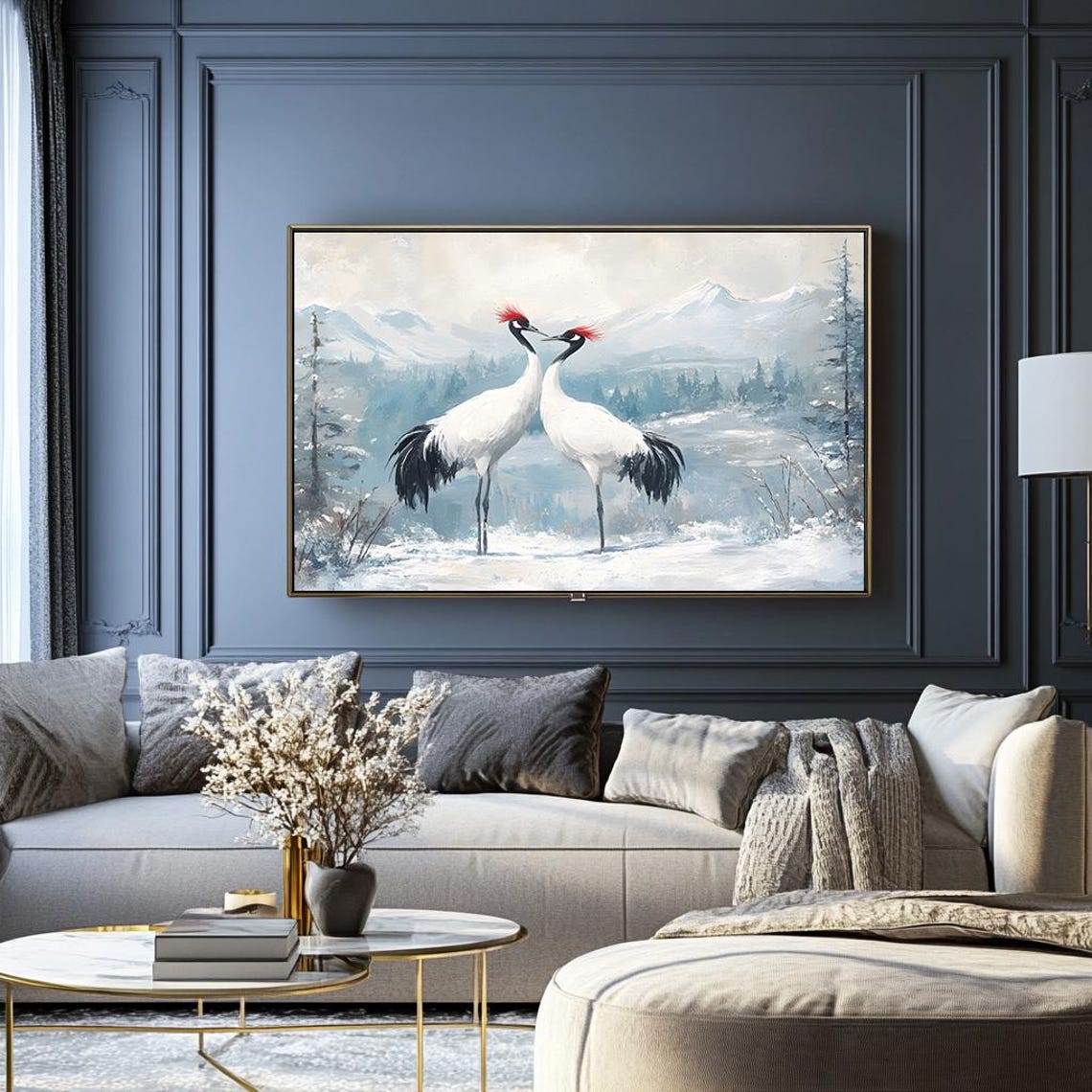Red Crowned Crane Pair in Snowy Mountains Japanese Wildlife Poster - Image 2