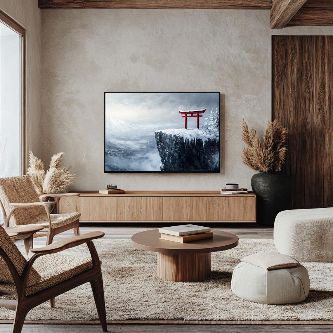 Red Torii Gate on a Snowy Cliff Japanese Winter Landscape Poster - Image 4