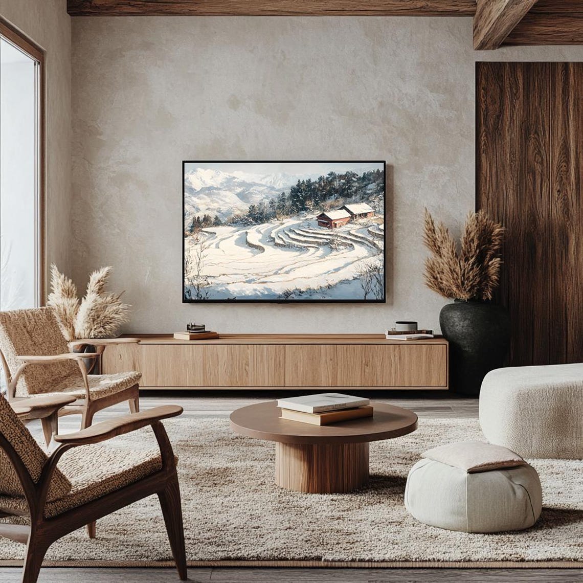 Snow Covered Terraced Hillside with Red Barns Winter Farm Poster - Image 4