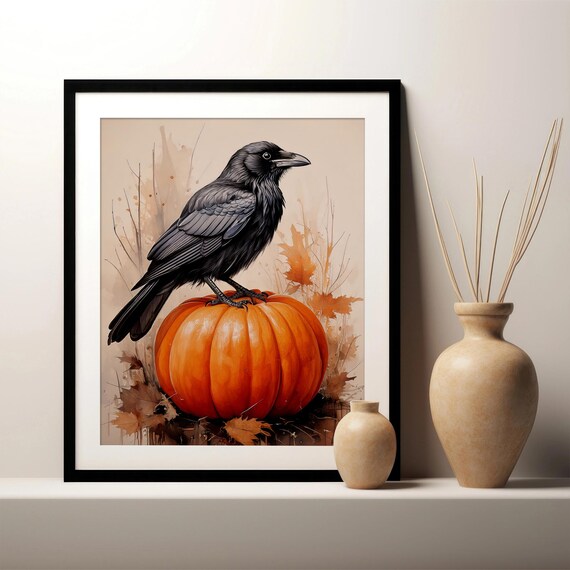 Black Crow on Orange Pumpkin Autumn Harvest Scene Painting Poster