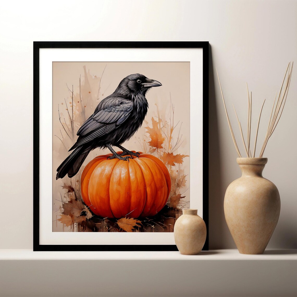 Black Crow on Orange Pumpkin Autumn Harvest Scene Painting Poster