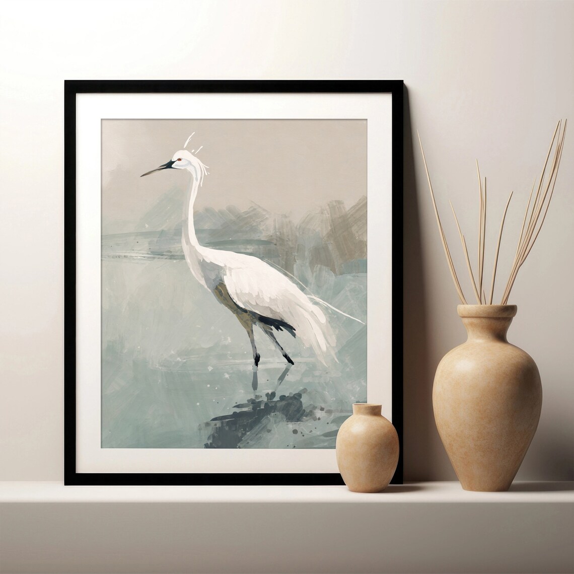 White Crane Art Print, Bird Painting Wall Art
