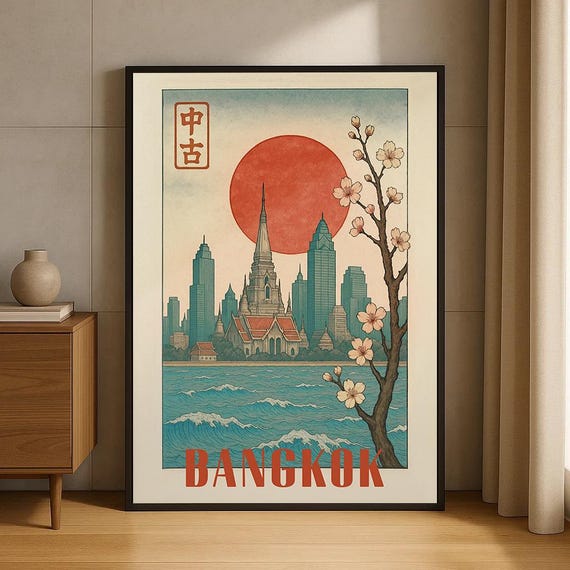Bangkok Wall Art Print Japanese Style Thai Temple Cityscape Poster Cherry Blossom Skyline Home Decor