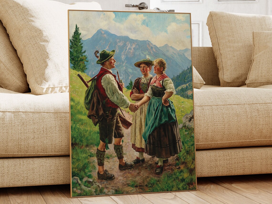 Vintage Alpine Greeting Painting Bavarian Mountain Scene Art Print