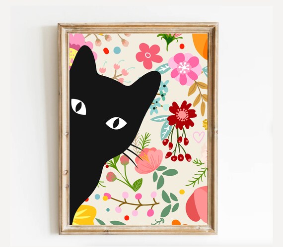 Black Cat Peeking Out of a Bright Colorful Floral Garden Art Print