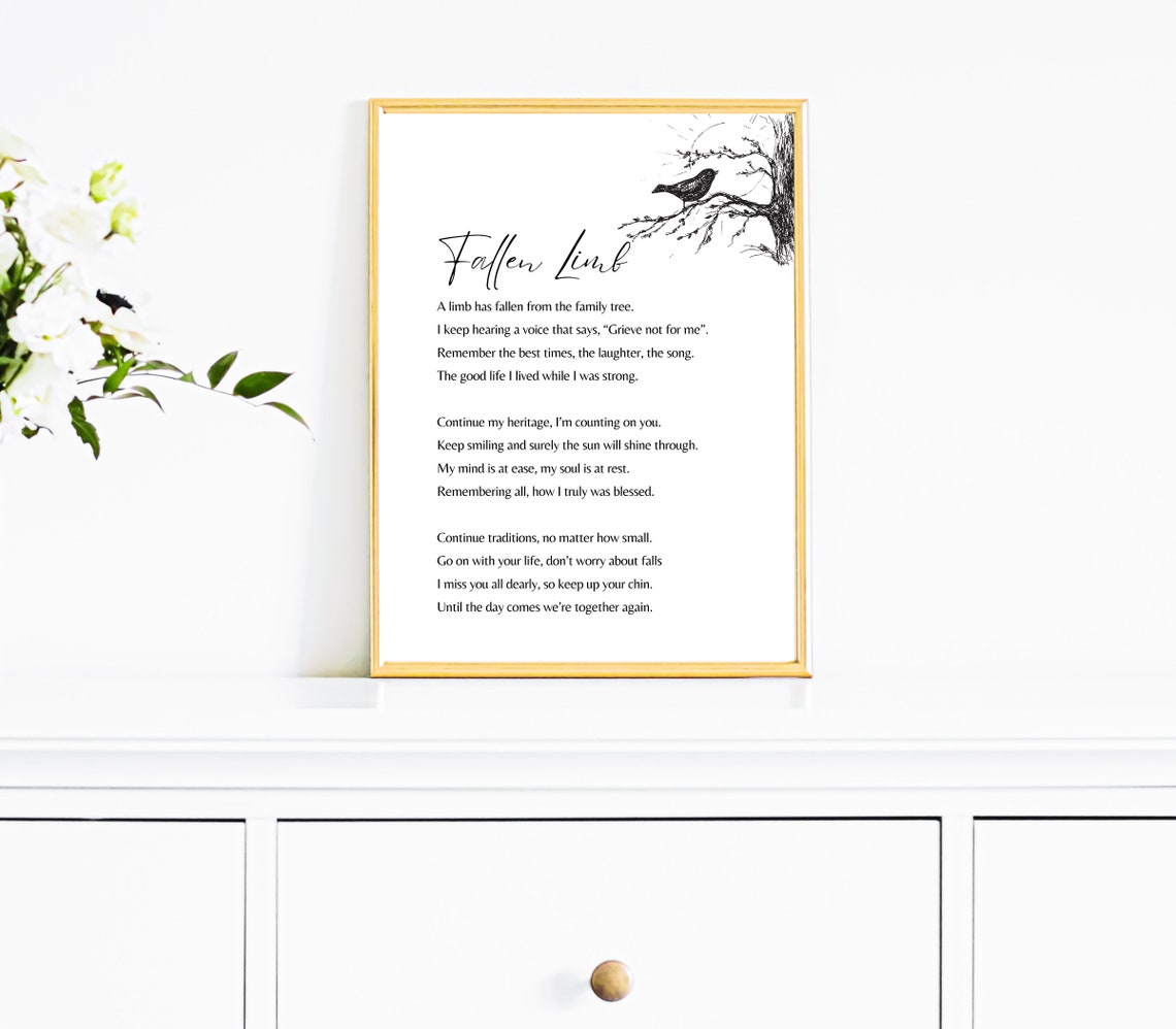 Fallen Limb Memorial Poem With Bird Branch Line Sketch Poster - Image 2