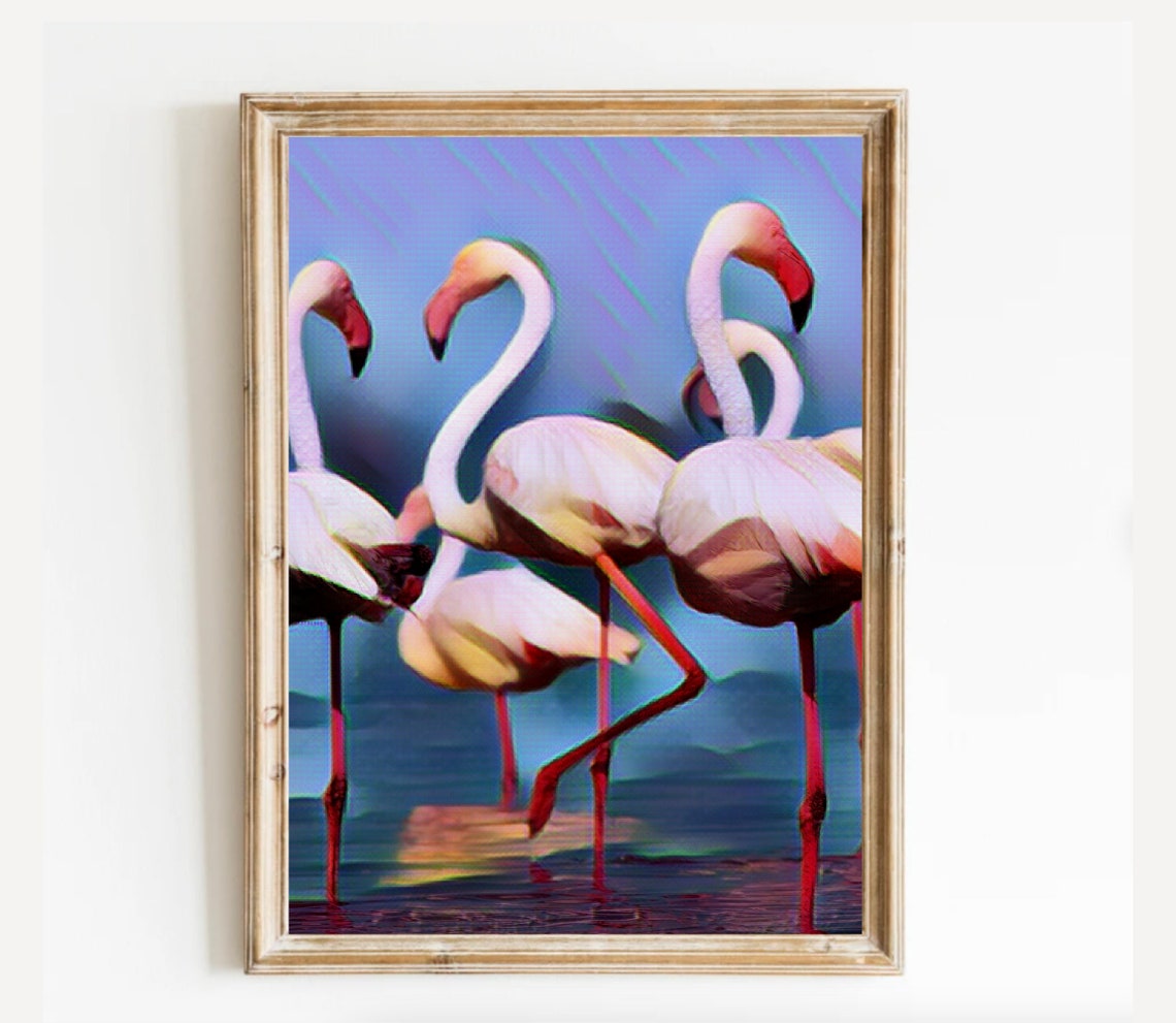 Pink Flamingos Wading in Water Painterly Modern Bird Wall Art