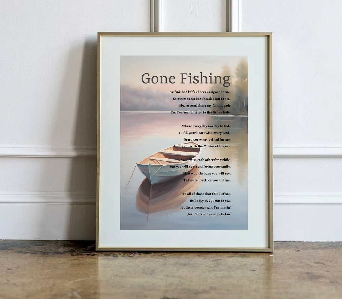 Gone Fishing Serene Lake Boat Watercolor Memorial Poem Poster