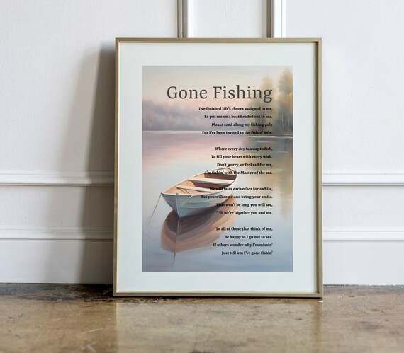 Gone Fishing Serene Lake Boat Watercolor Memorial Poem Poster