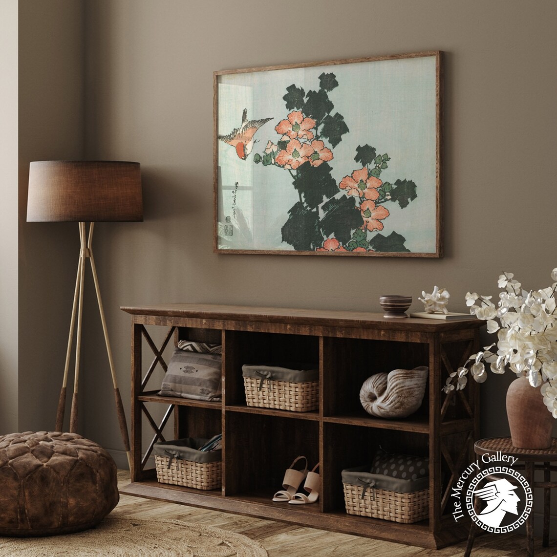 Bird Among Coral Blossoms With Dark Foliage Vintage Japanese Bird Art Poster - Image 3