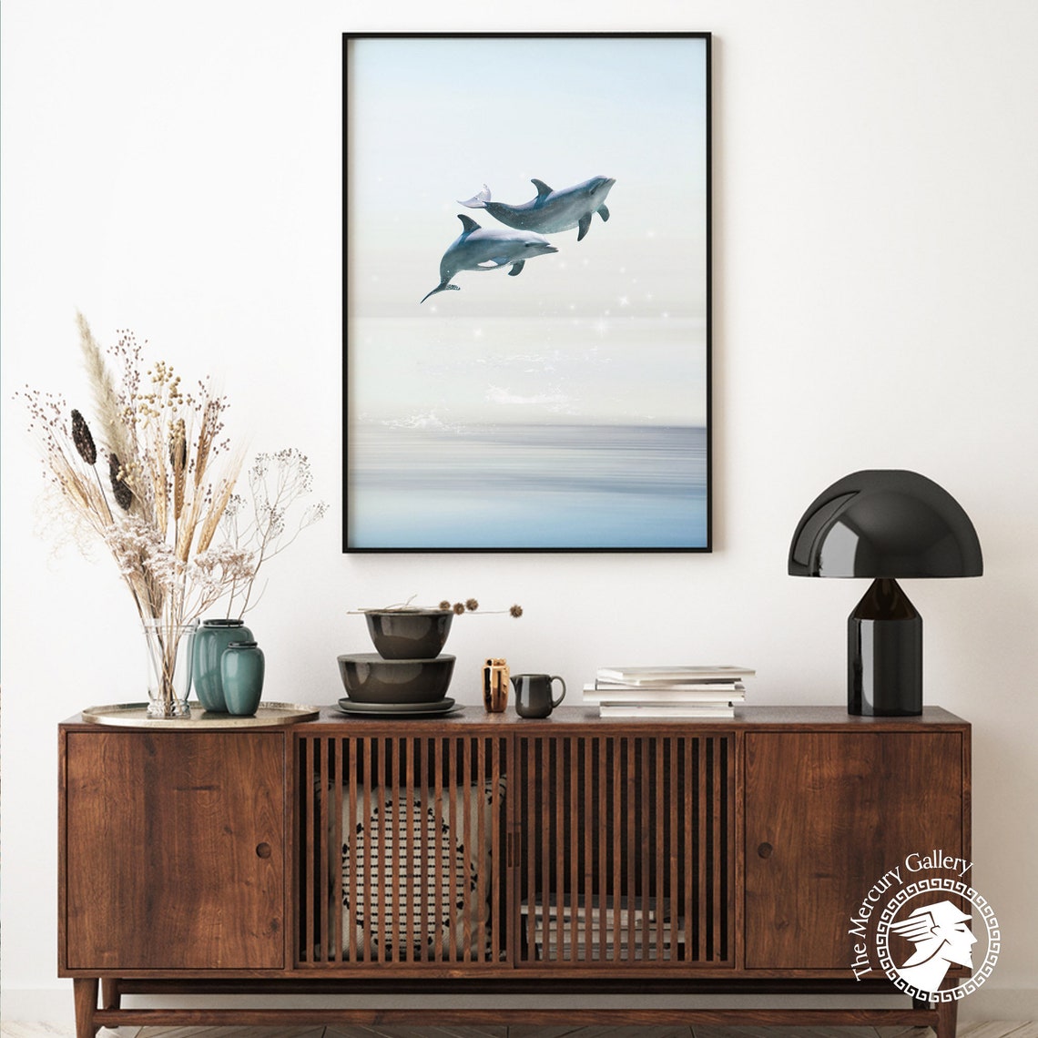 Two Dolphins Leaping Over Calm Ocean Serene Coastal Nursery Wall Print - Image 6