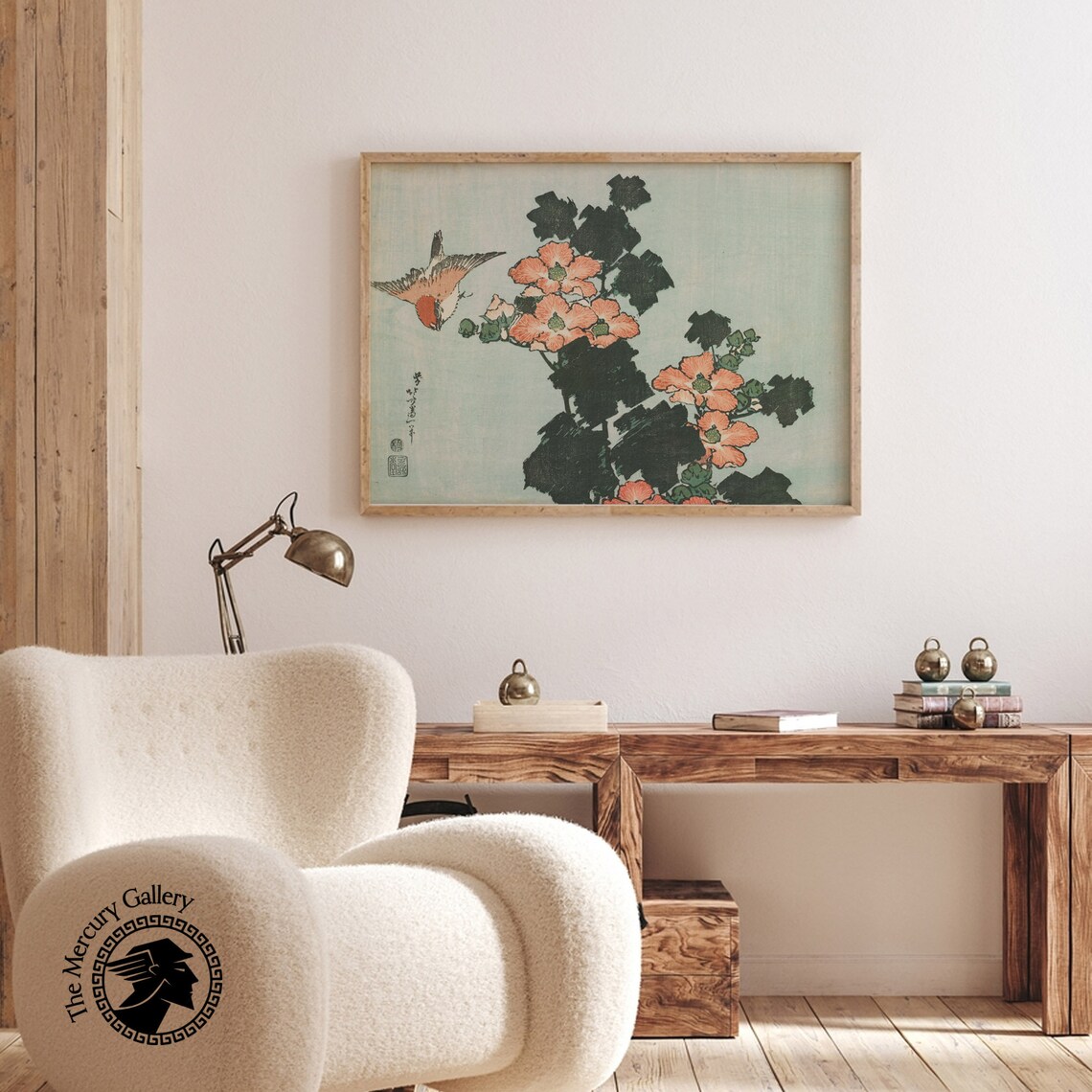Bird Among Coral Blossoms With Dark Foliage Vintage Japanese Bird Art Poster - Image 2