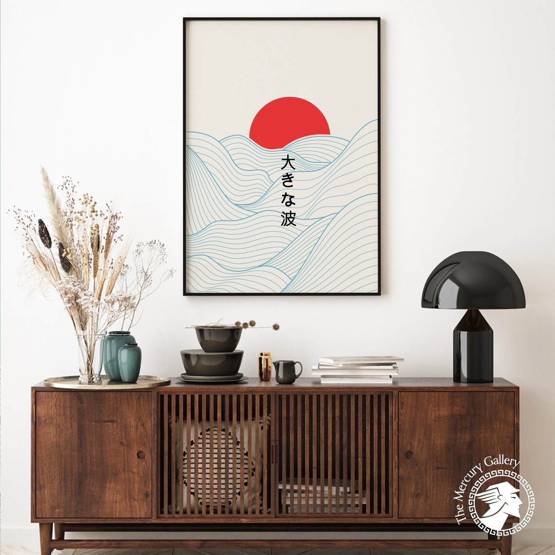 Japanese Great Wave Line Art Poster Red Sun Minimalist Ocean Wall Print - Image 5