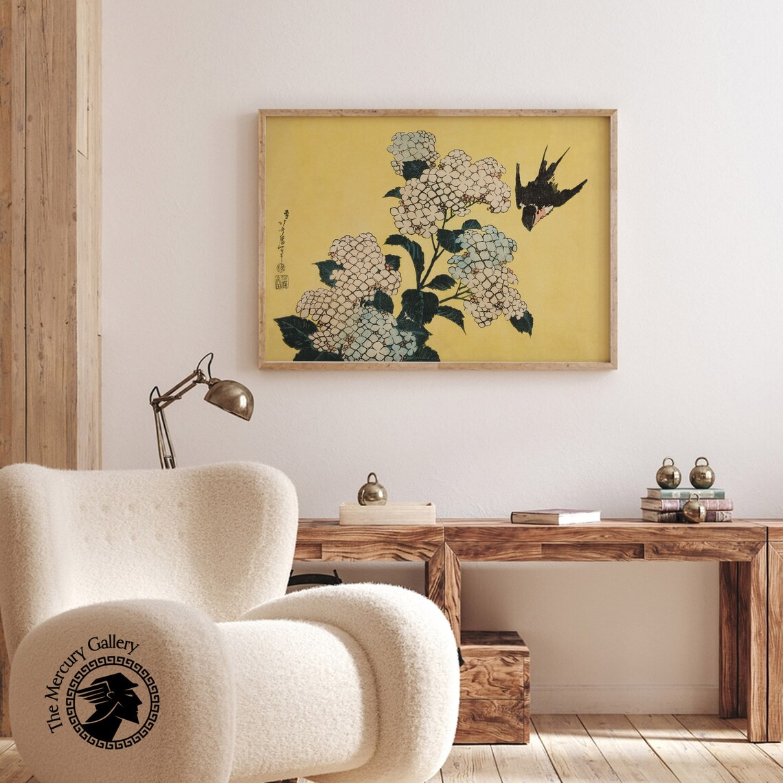 Japanese Woodblock Yellow Flowers and Swallow Art Print - Image 2